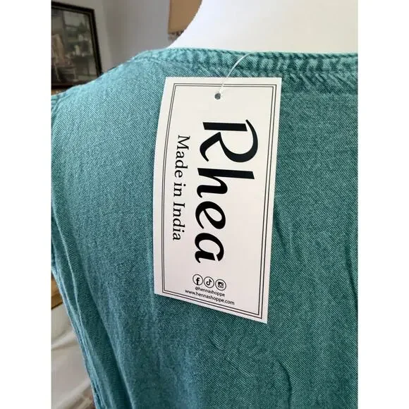 Rhea Boho Embroidered Tank Top Teal Tie Back One Size - Picture 4 of 8